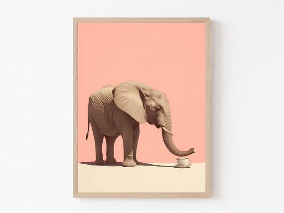 Charming Elephant Dipping Its Trunk Into a Coffee Cup Poster