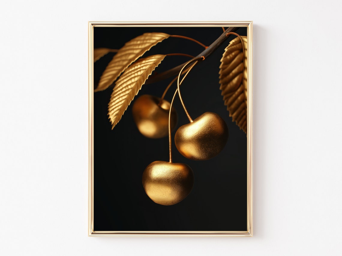 Shimmering Golden Cherries Branch Black And Gold Botanical Wall Art