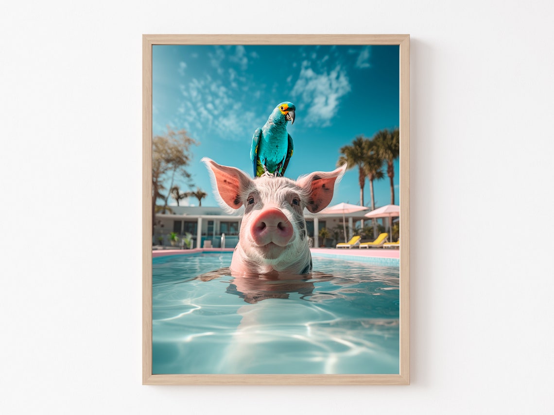 Pig Swimming With Blue Parrot On Head Funny Tropical Wall Art