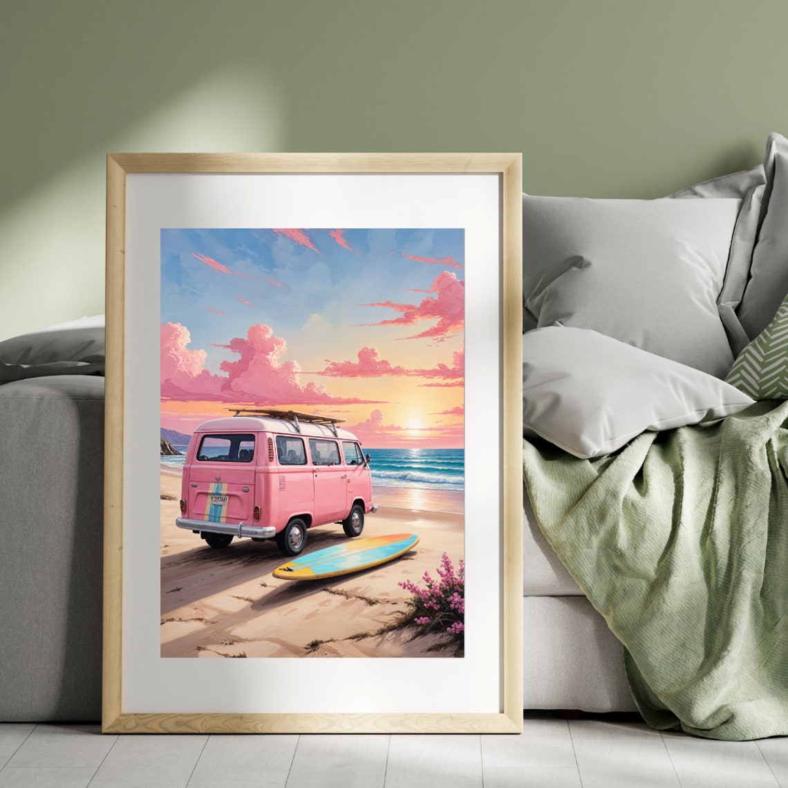 Retro Van Print Pink Van Wall Art Pink Beach Poster Beach Pink Print California Pink Print Surf Van Photo Large Wall Art Art - Image 2