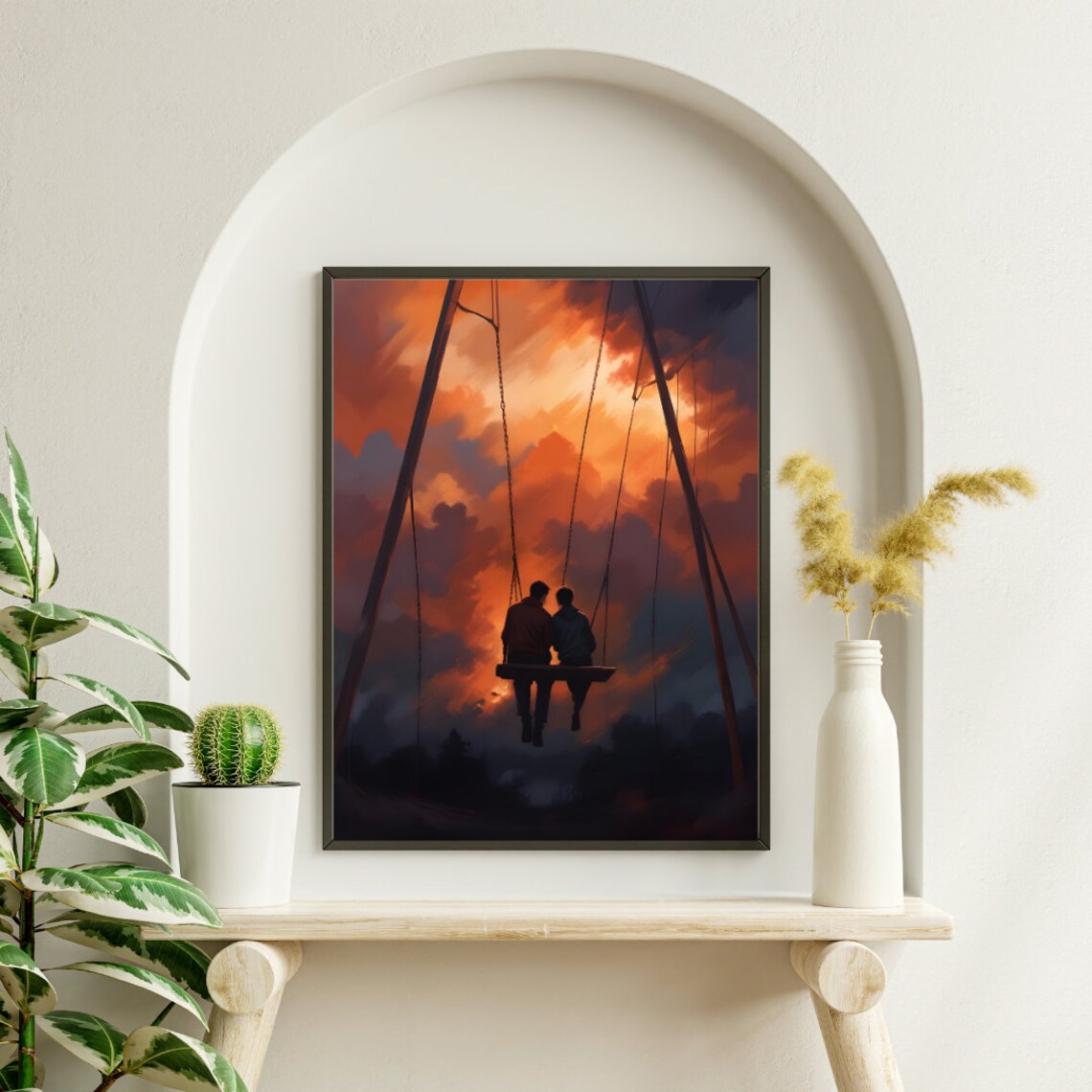 Love Girl And Boy On Swings Silhouette, Sunset Romance