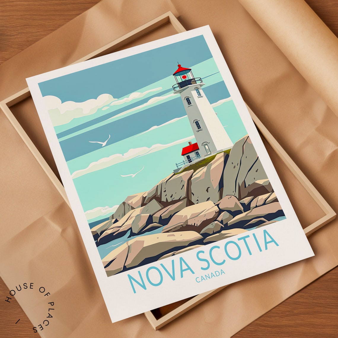 Nova Scotia Canada Lighthouse Seagulls Rocky Coast Art Poster - Image 2