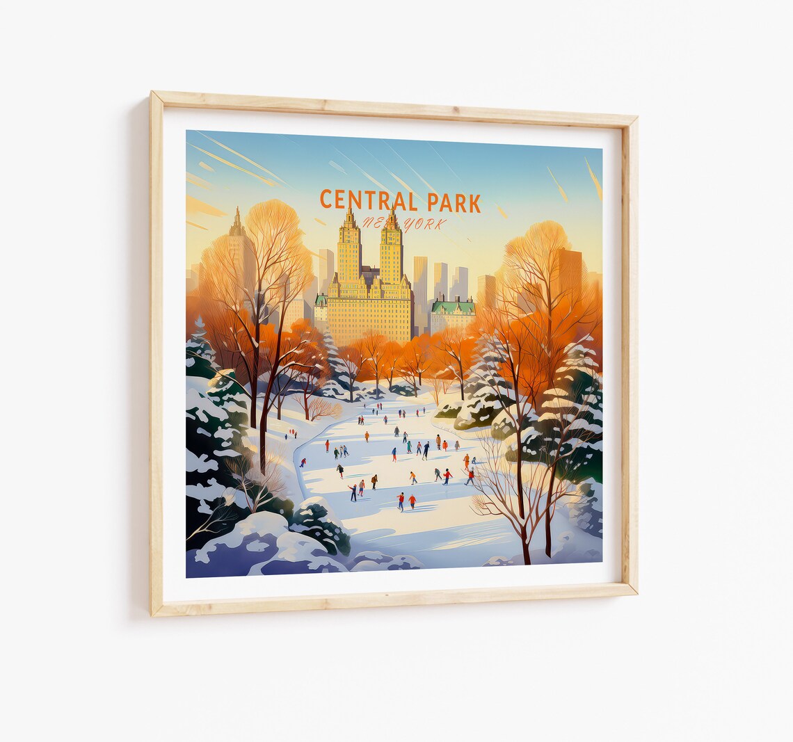 Golden Central Park New York Winter Ice Skaters Snow Travel Poster