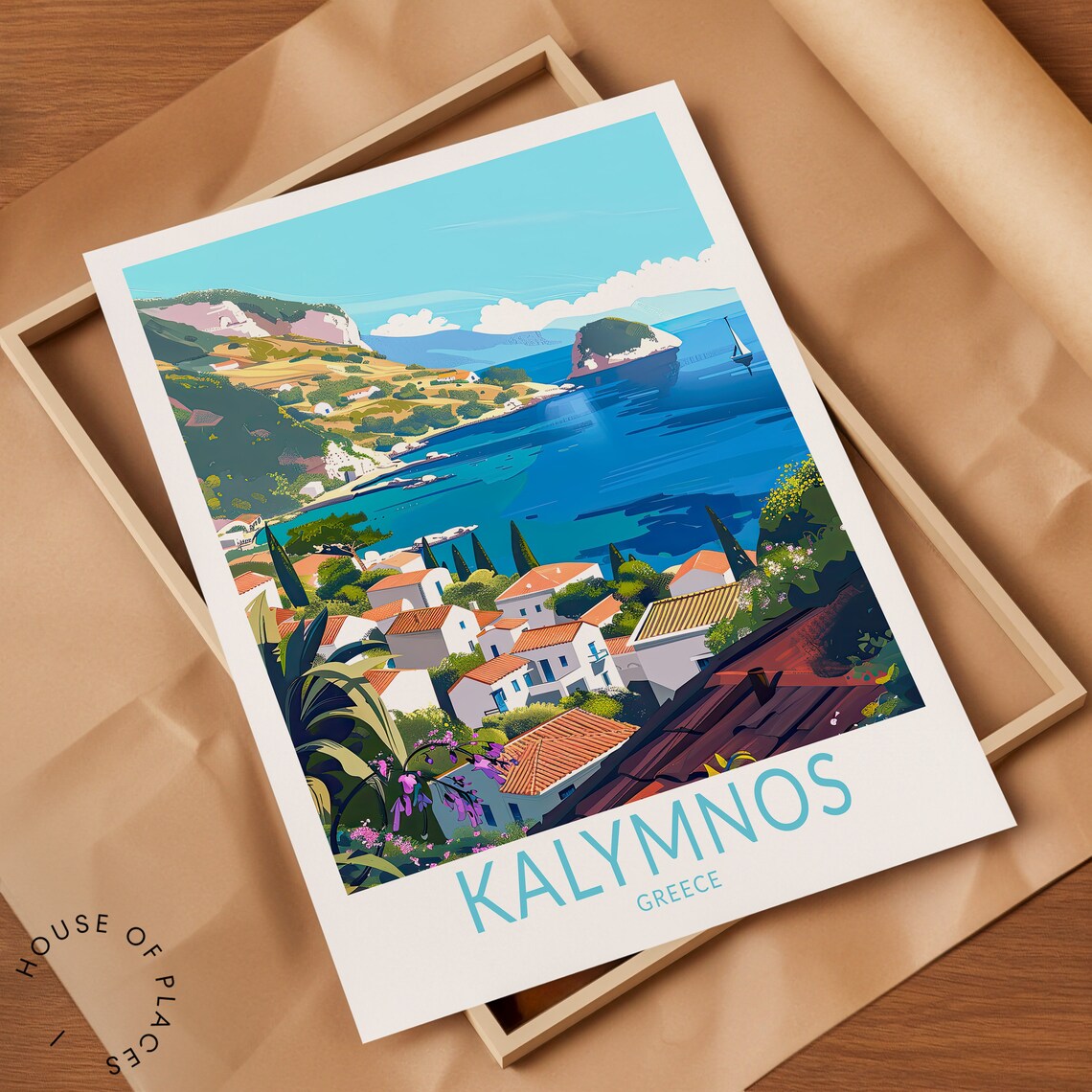 Kalymnos Greece White Village Aegean Blue Coast Travel Poster - Image 2