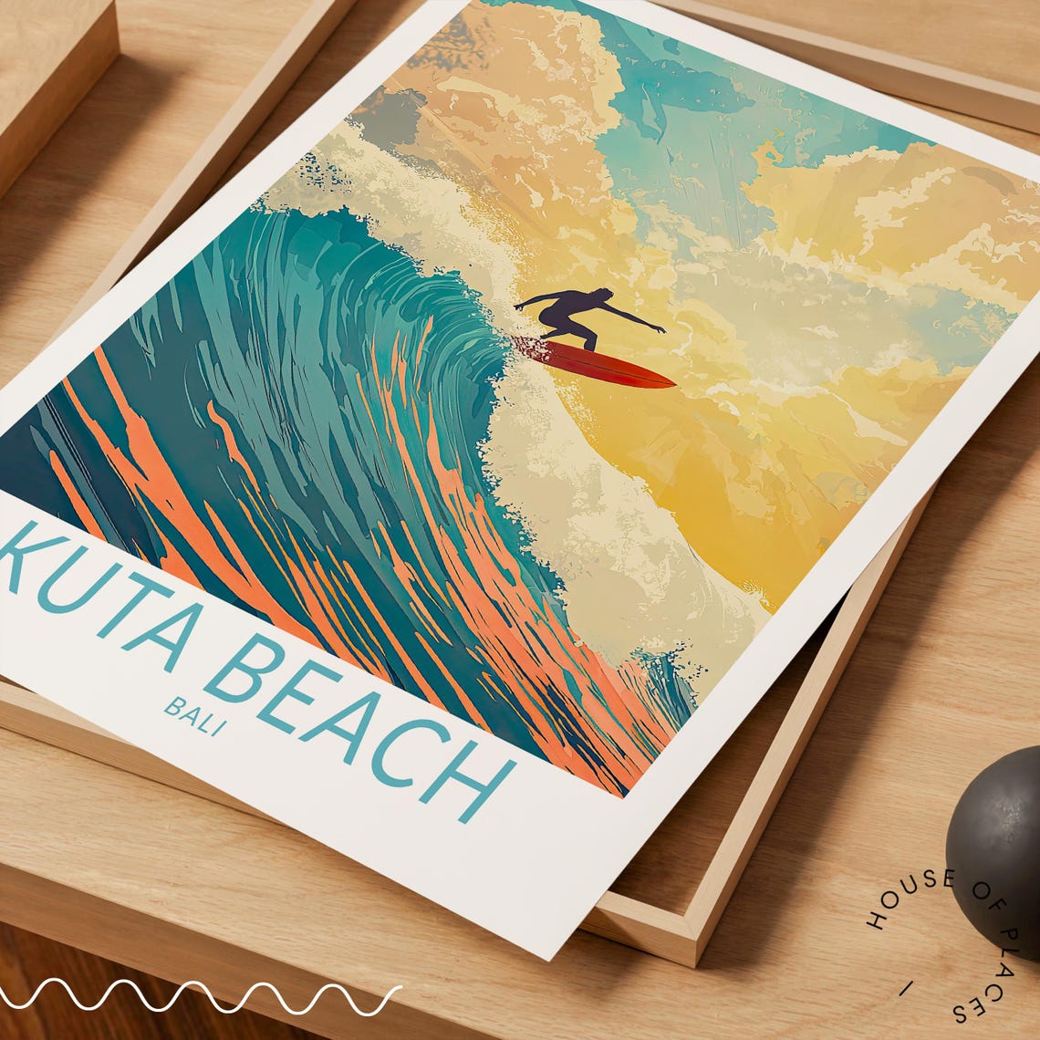 Kuta Beach Bali Surfer Riding a Giant Wave at Sunset Travel Poster - Image 3