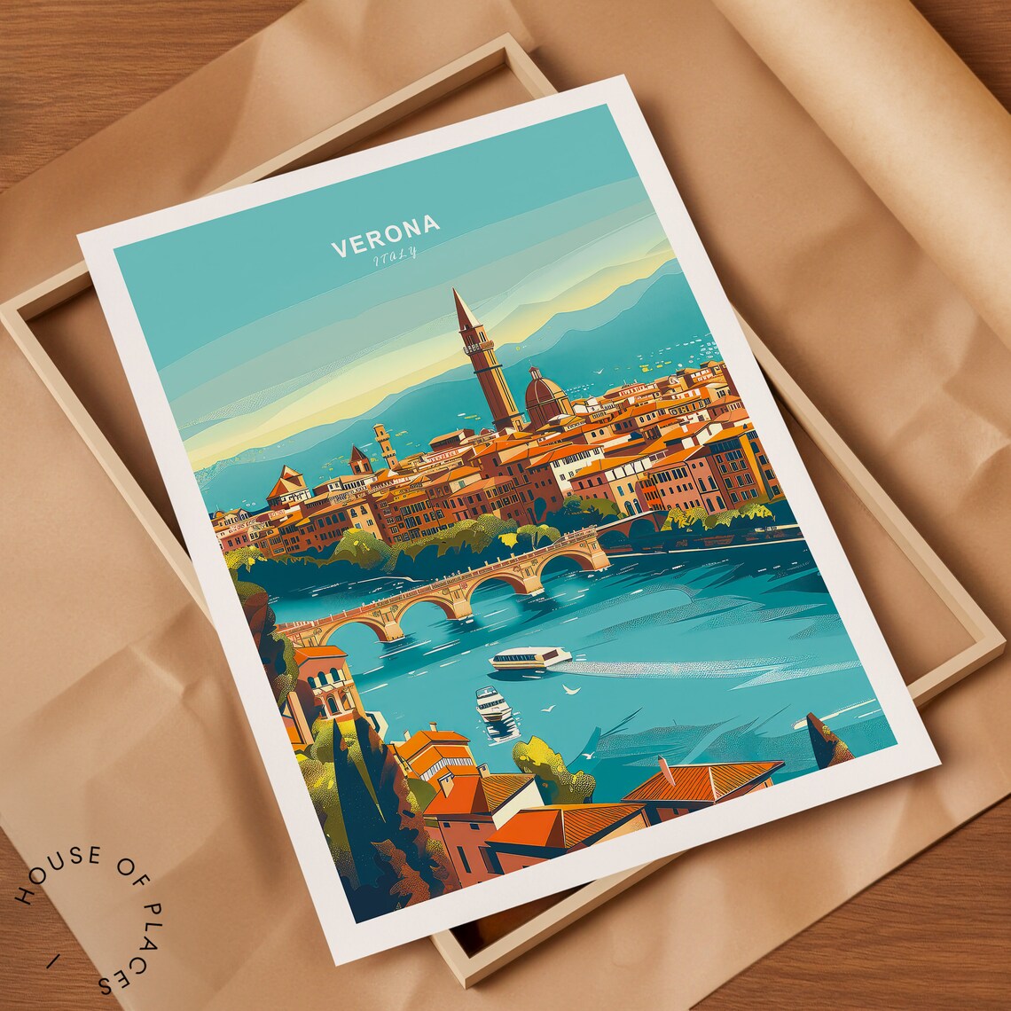 Verona Italy Adige River Bridge Golden Hour Vintage Travel Poster - Image 2