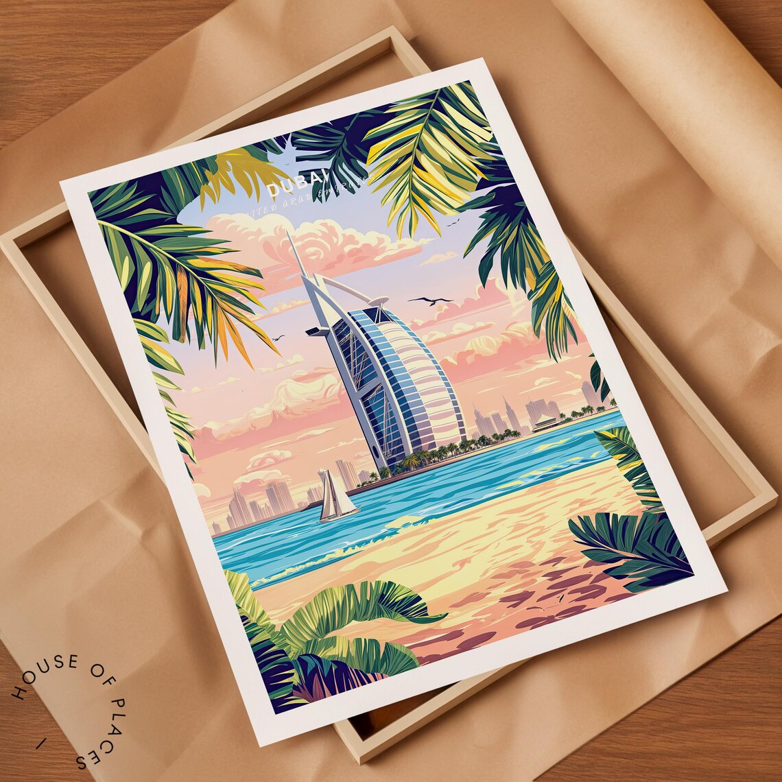 Dubai Burj Al Arab Beach Travel Poster Palm Trees at Pink Sunset - Image 2