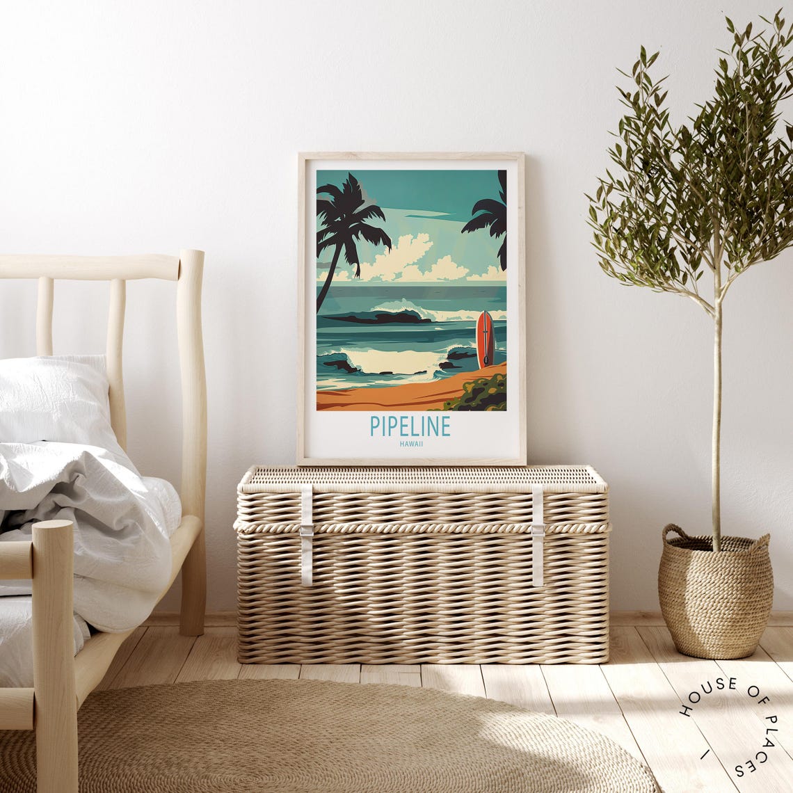 Pipeline Hawaii Retro Surf Beach Red Surfboard Palm Sunset Poster - Image 2