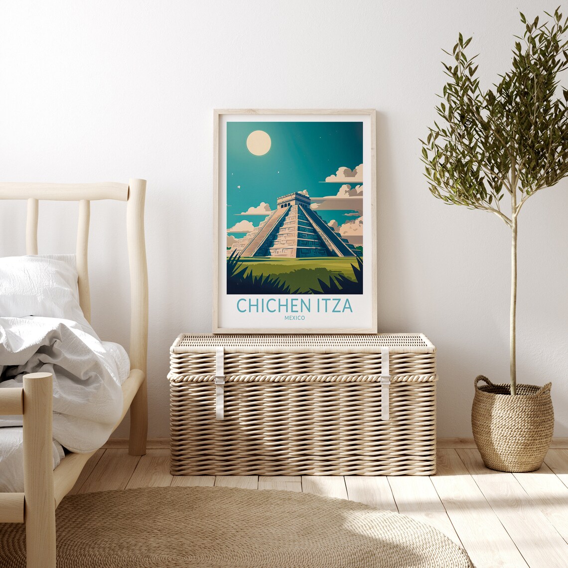 Chichen Itza Mexico Mayan Pyramid Under Big Sun Retro Sky Travel Poster - Image 3