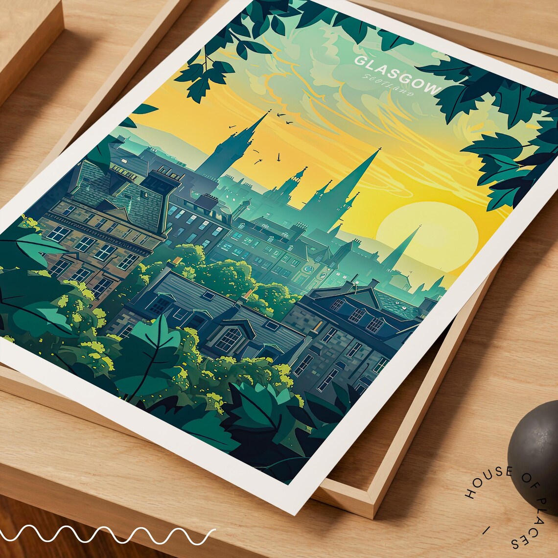 Glasgow Scotland City Skyline at Golden Sunset Through Leaves Poster - Image 3
