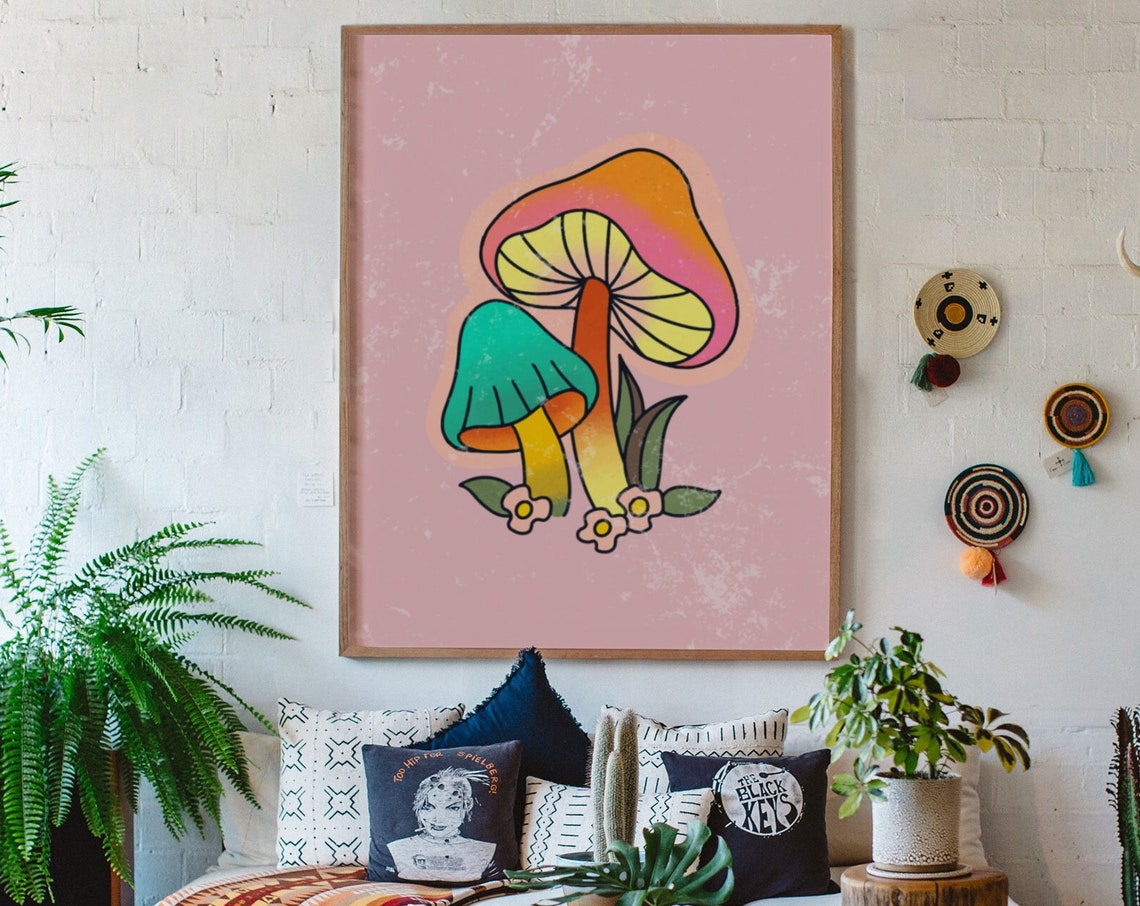 Colorful Retro Mushrooms Hippie Psychedelic Pink 70s Art Poster