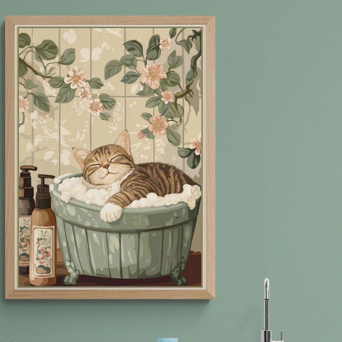 Tabby Cat Relaxing In Bubble Bath Floral Vintage Wall Poster - Image 4