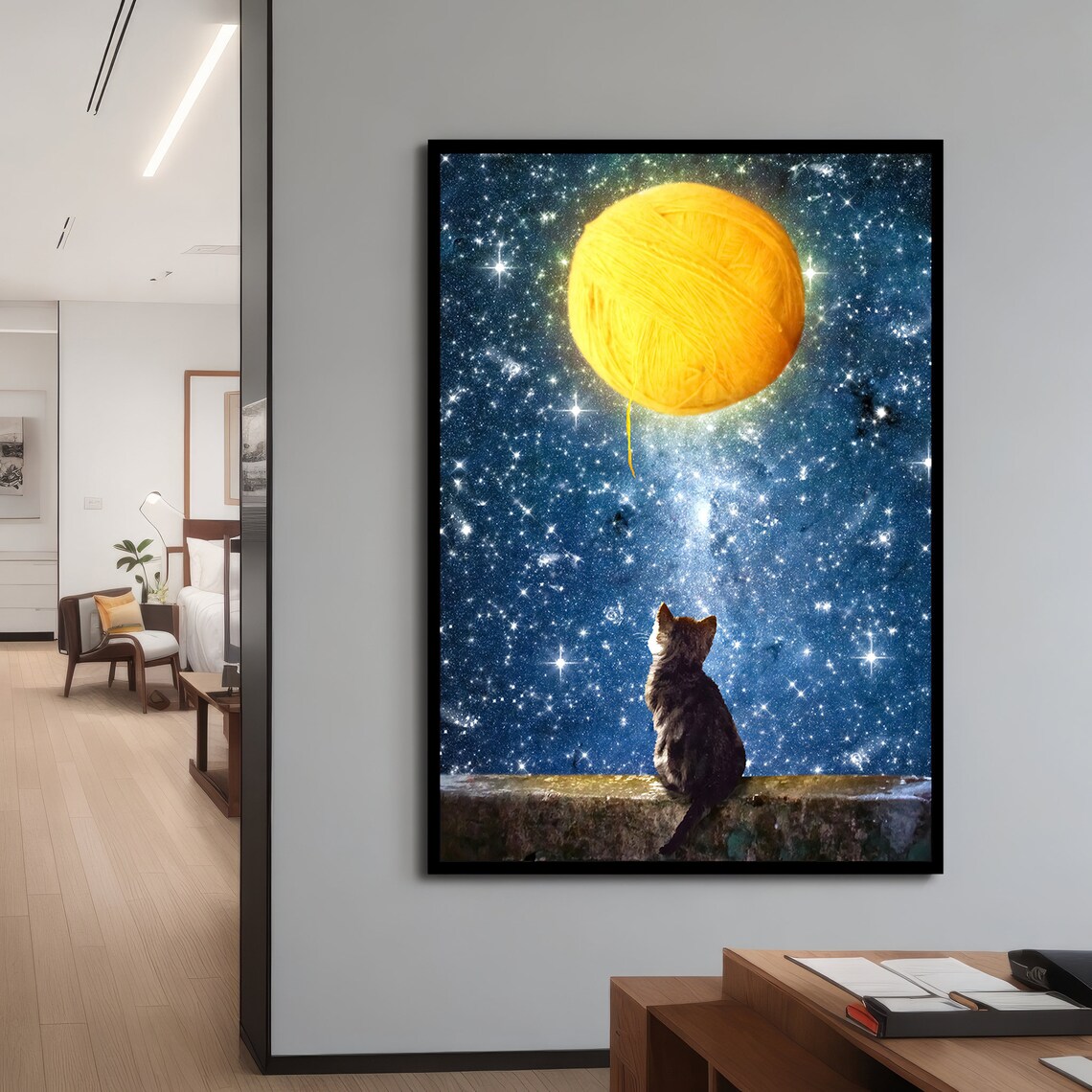 Dreamy Cat And Yarn Moon Painting, Whimsical - Image 4