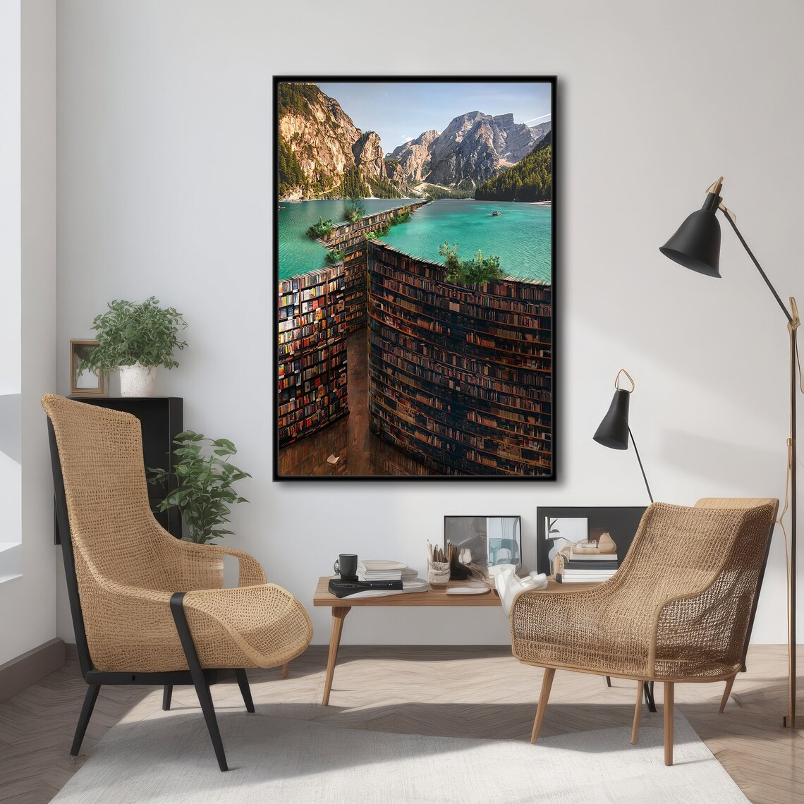 Surreal Library Lake Painting, Dreamy Home Decor - Image 4