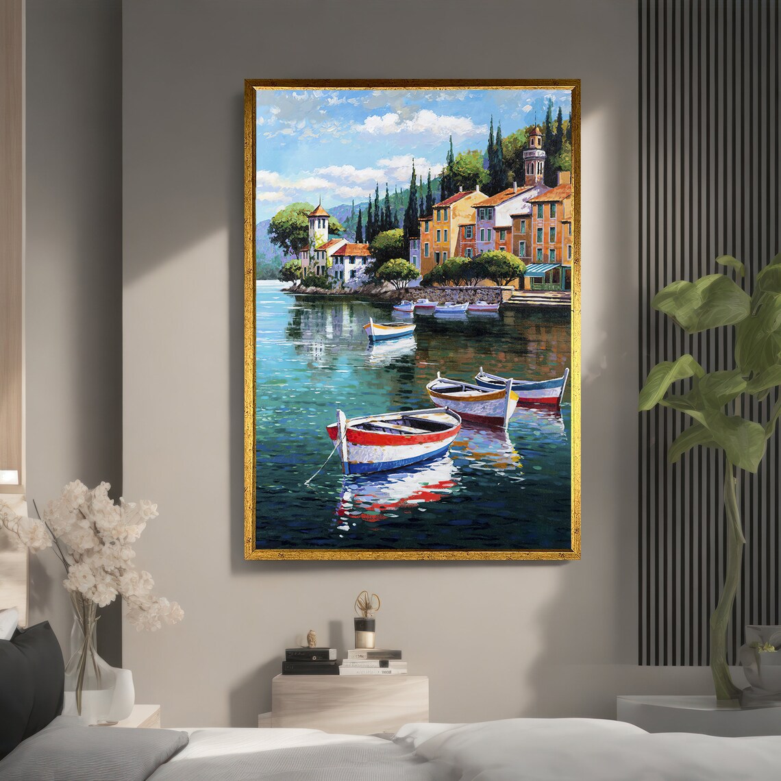 Coastal Town With Boats, Modern Painting - Image 5