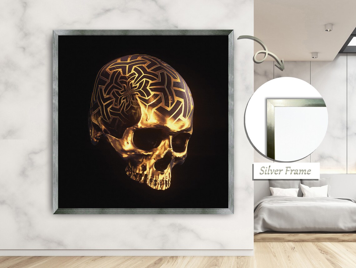 Golden Skull With Triangular Spirals, Mystery Art Print - Image 2