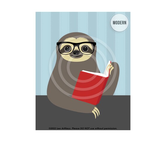 Sloth Wearing Glasses Reading Red Book Funny Animal Art Poster