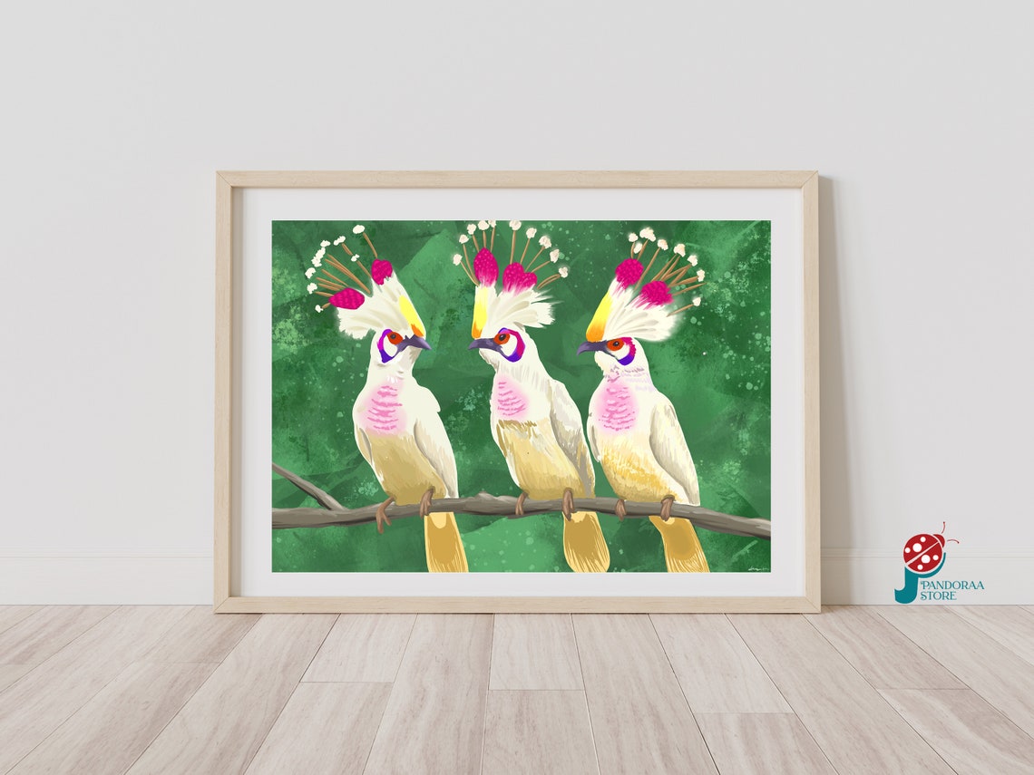 Three Crested White Birds on Branch Green Background Wildlife Print