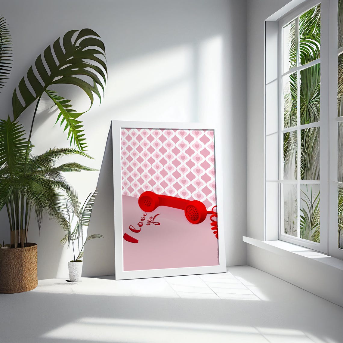 Retro Red Telephone I Love You Script on Pink Heart Pattern Poster - Image 5