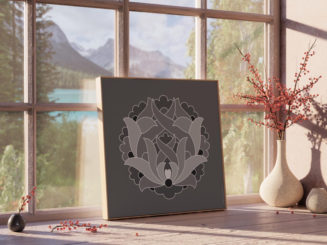 Grey Ornamental Floral Medallion Art on Dark Grey Background Poster - Image 3