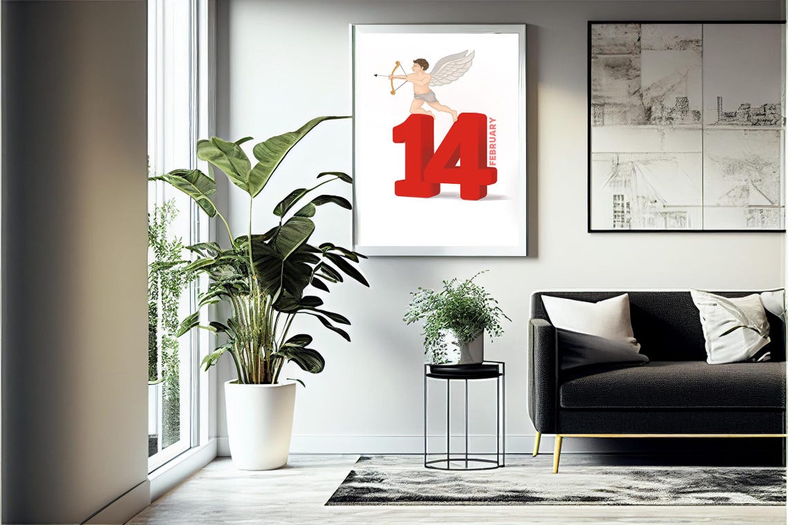 February 14 Cupid Archer Standing on Giant Red Numbers Poster - Image 4