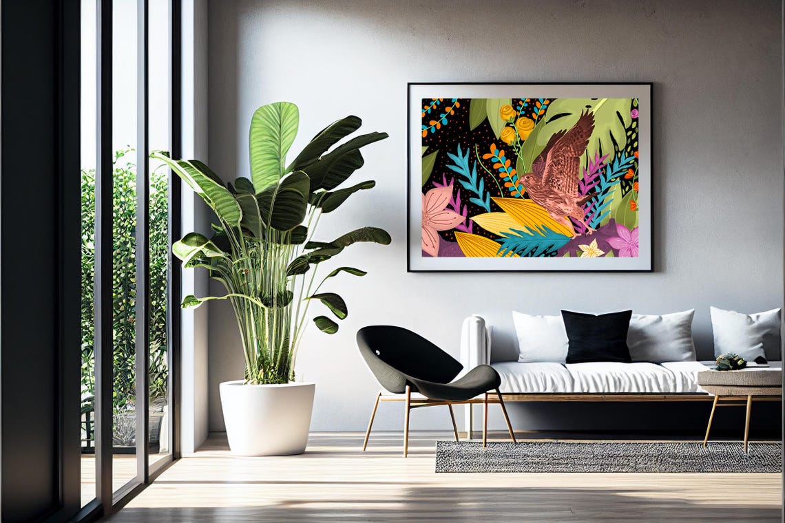 Colorful Bird of Prey Tropical Floral Bloom Bold Eclectic Print - Image 4