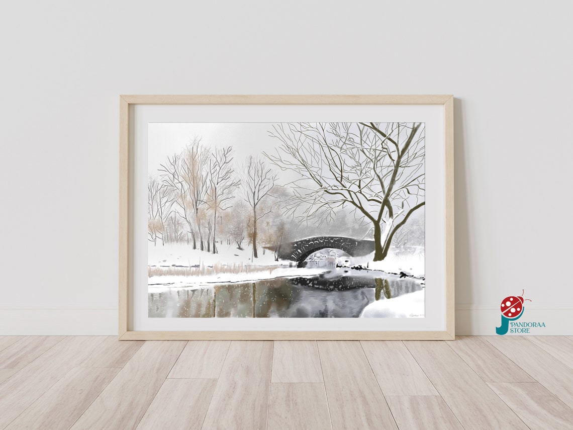 Serene Winter Snow Bridge over Frozen Lake Snowy Landscape Poster