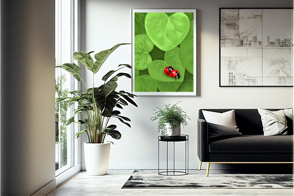 Cute Two Ladybugs on Heart Shaped Green Leaves Nature Poster - Image 2