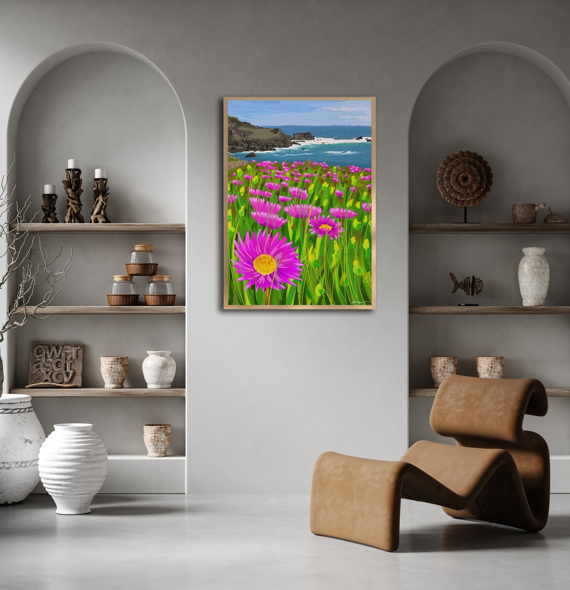 Pink Wildflower Field Rocky Coast Ocean View Coastal Wall Poster - Image 3
