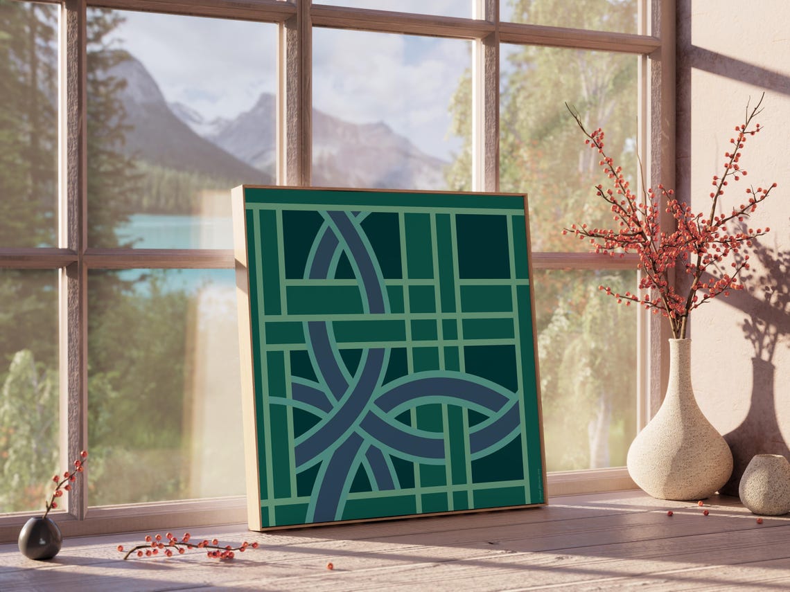 Modern Geometric Line Art Teal Blue Green Abstract Pattern Print - Image 4