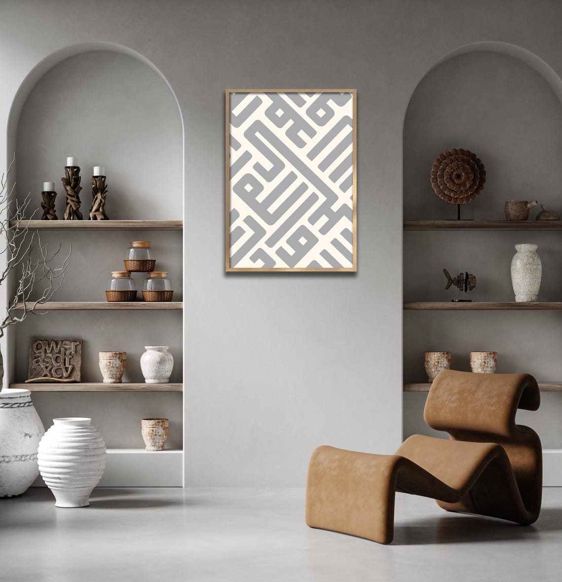 Grey Geometric Maze Line Boho Minimalist Modern Abstract Art Poster - Image 2