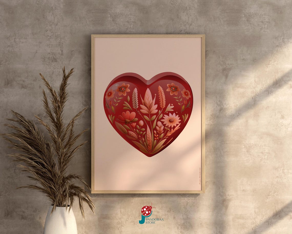 Romantic Red Floral Folk Art Heart on Blush Pink Background Poster