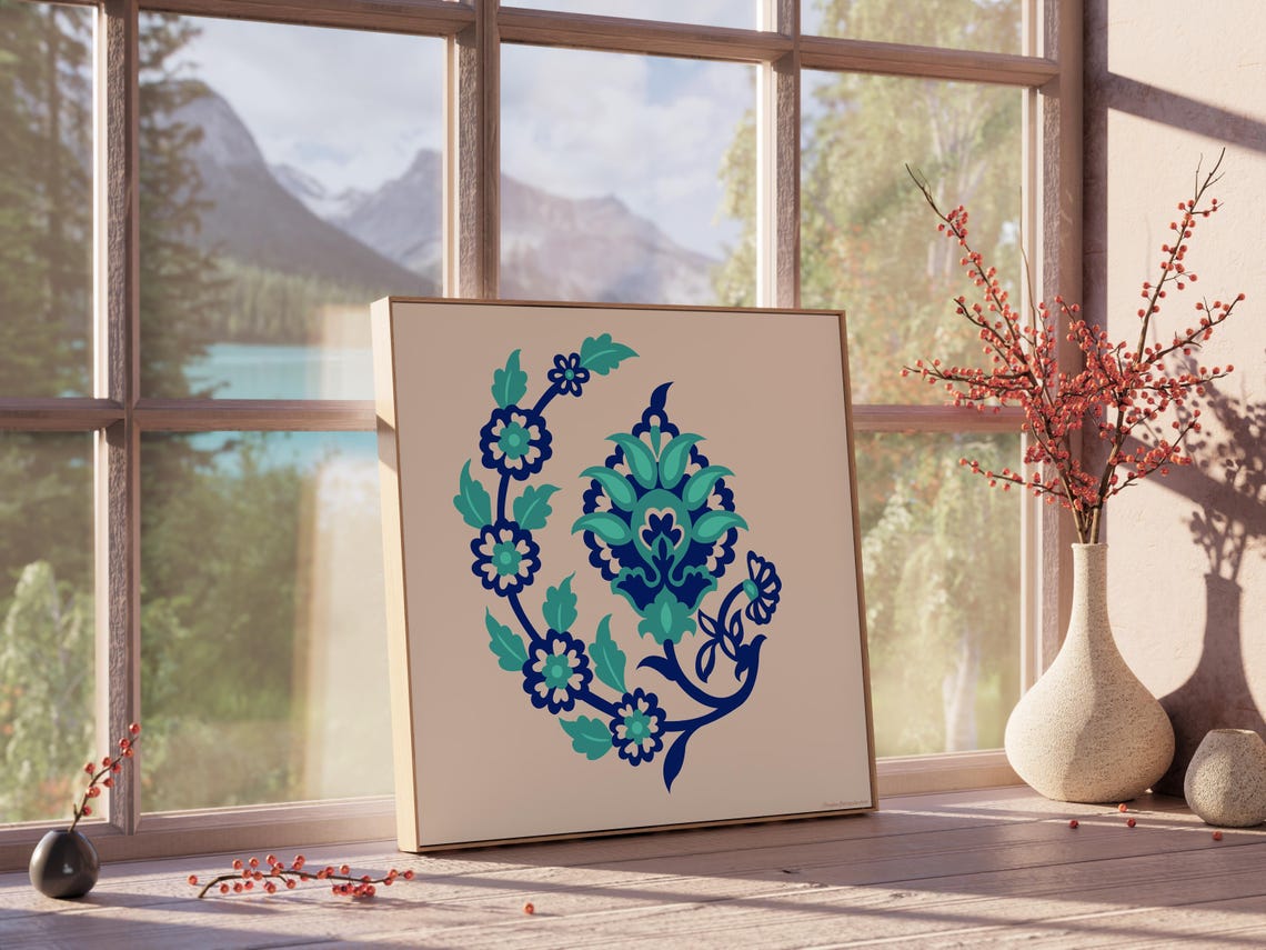 Blue Floral Folk Art Square Motif Navy Turquoise Tile Style Print - Image 4