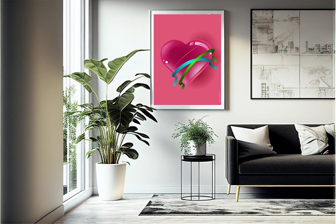 Glossy Glass Pink Heart Wrapped in Green Ribbons Modern Love Poster - Image 4