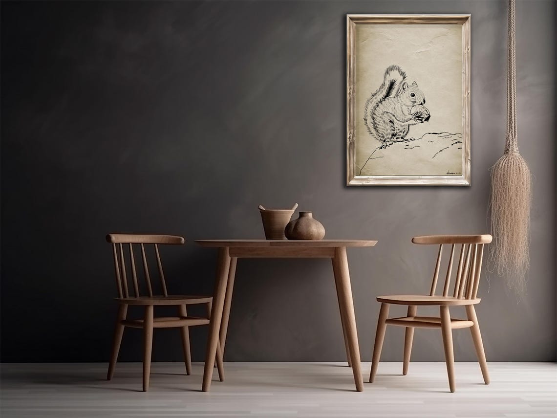 Vintage Monochrome Squirrel Holding Nut Sketch on Aged Paper Poster - Image 3