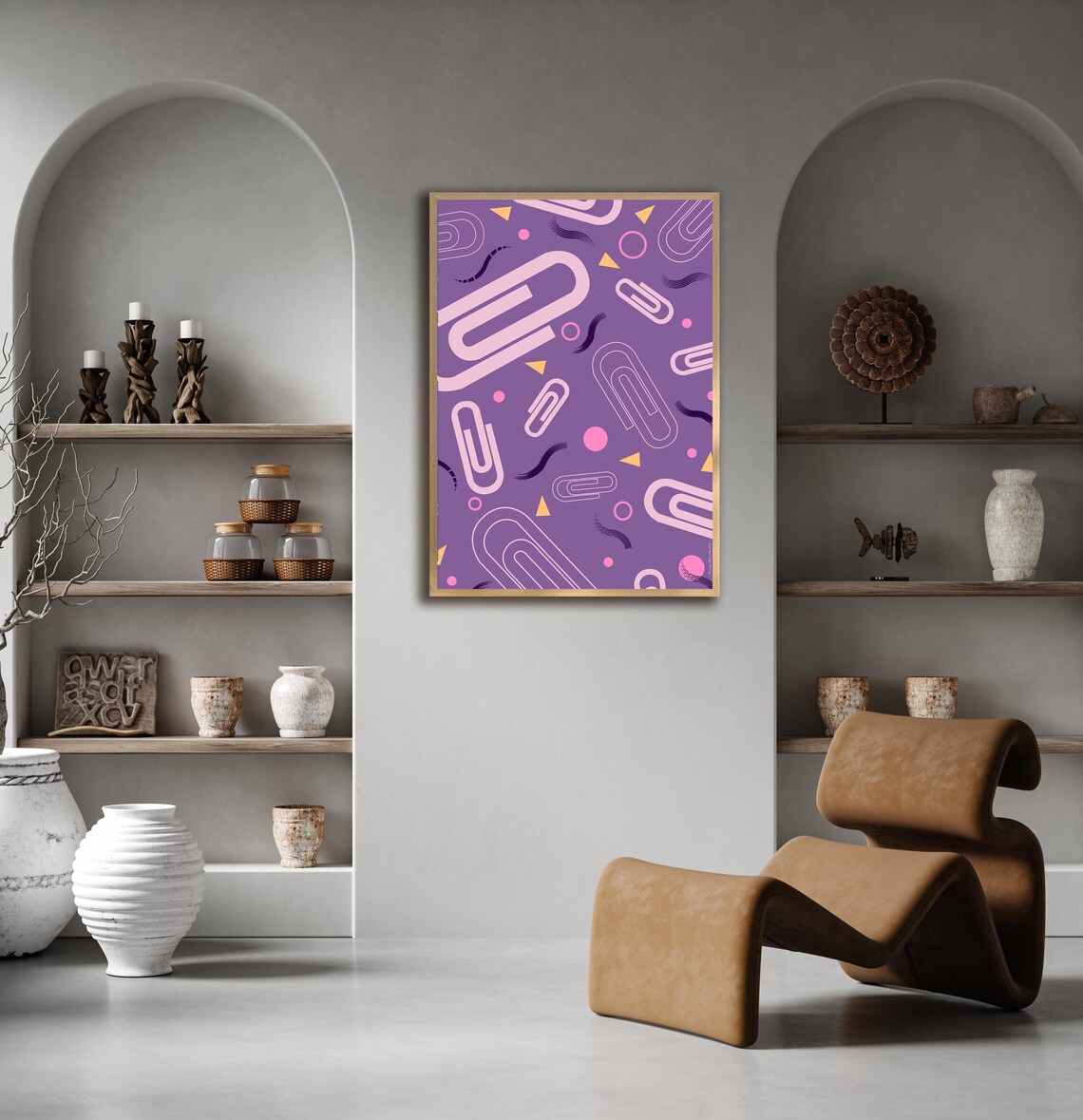 Purple Abstract Paperclip Shapes Pink Dots Playful Geometric Print - Image 3