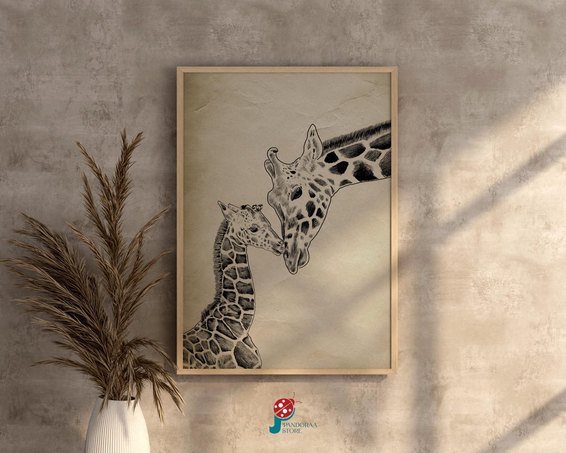 Mother Giraffe Nuzzling Baby Pencil Sketch Wildlife Nursery Print