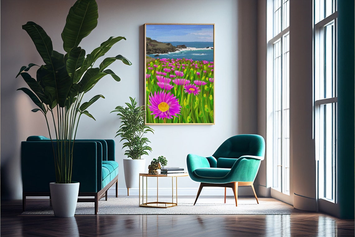 Pink Wildflower Field Rocky Coast Ocean View Coastal Wall Poster - Image 4
