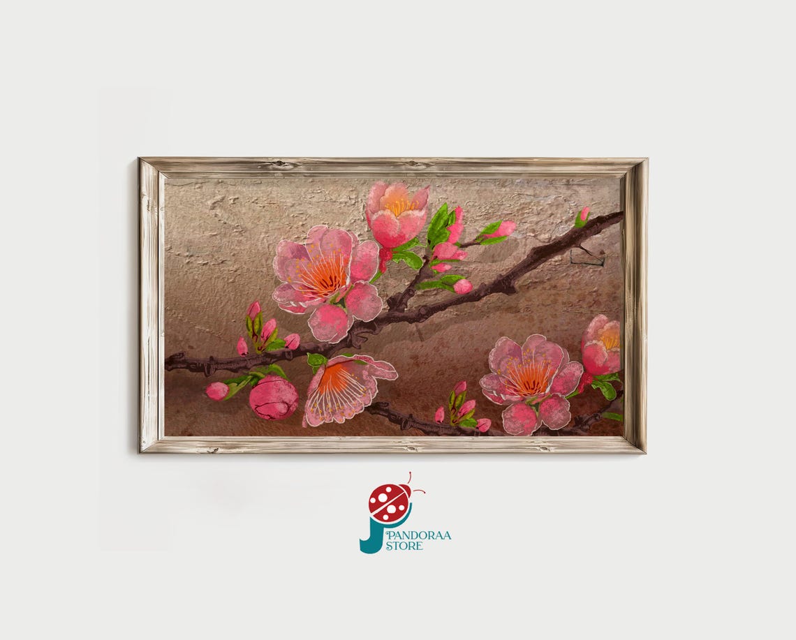 Pink Cherry Blossom Branch Landscape Textured Spring Floral Art Print