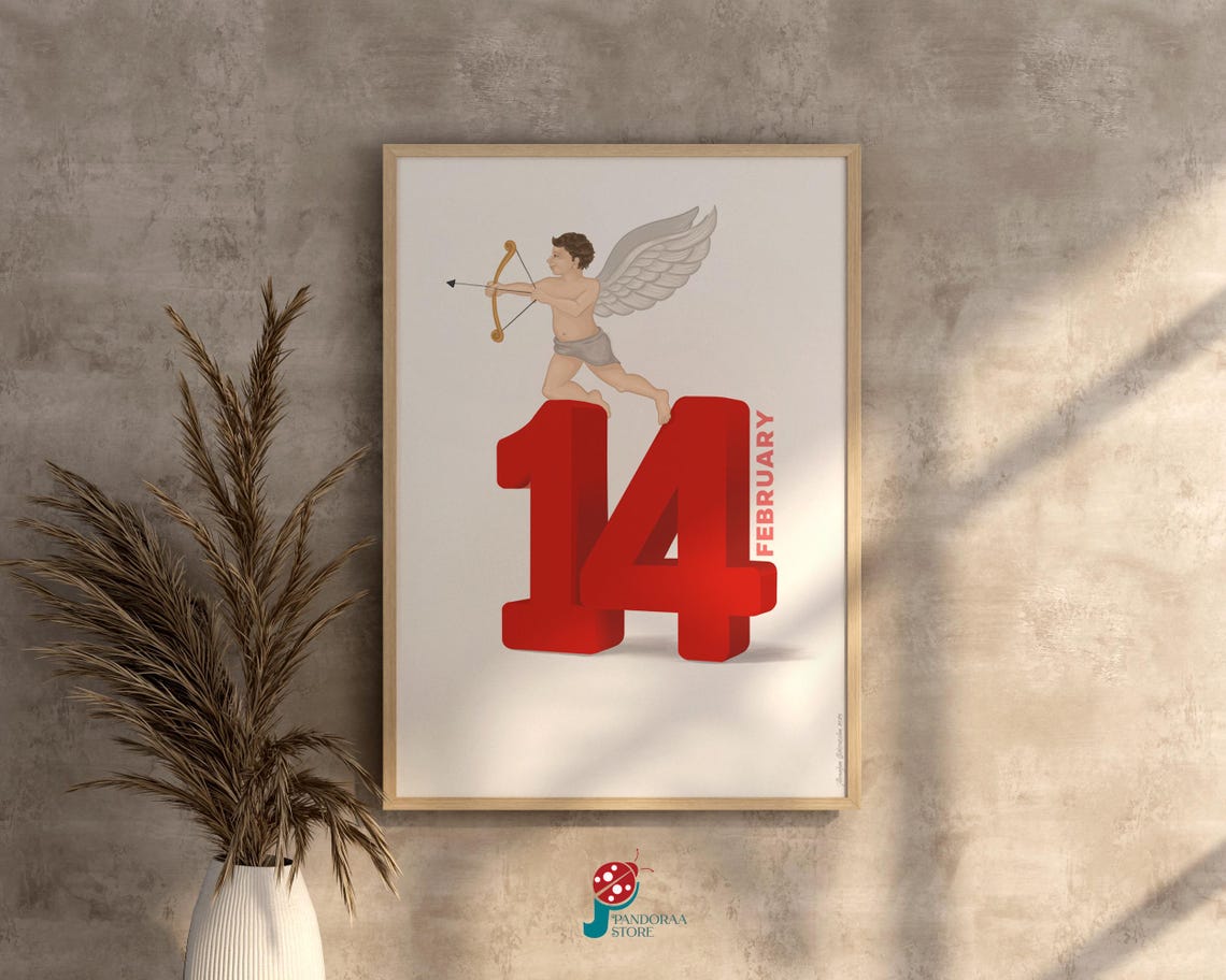 February 14 Cupid Archer Standing on Giant Red Numbers Poster