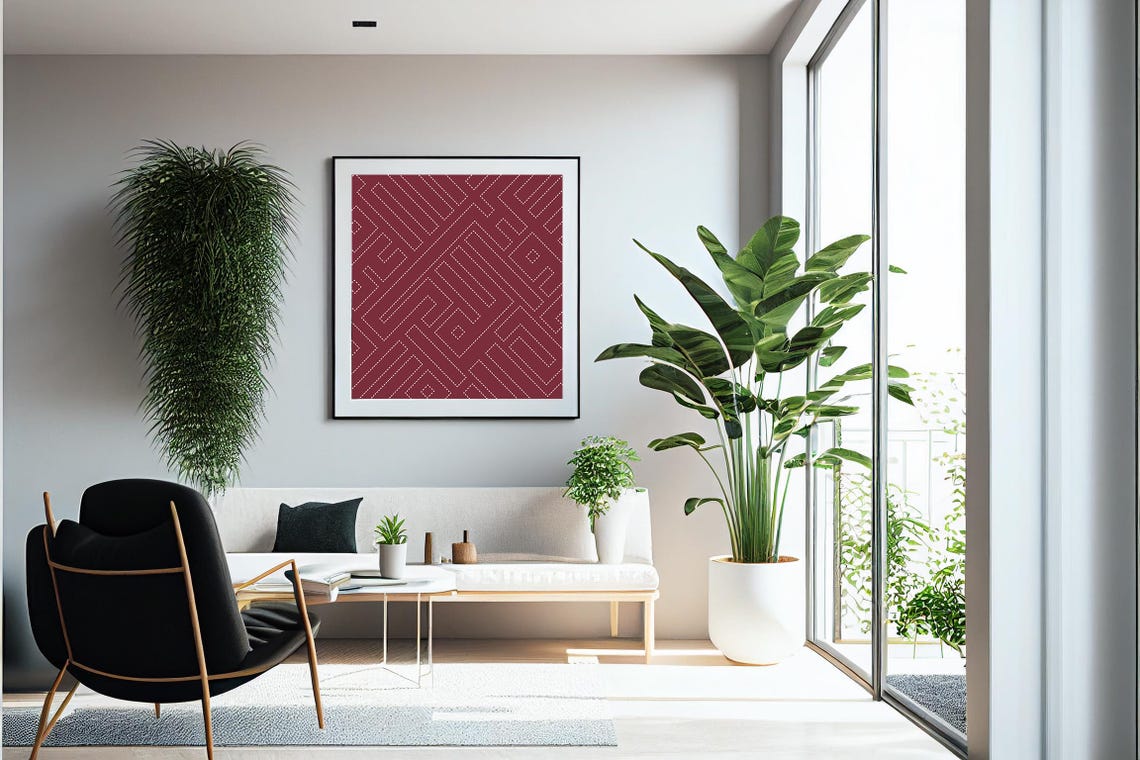 Burgundy White Dashed Maze Square Geometric Bold Modern Art Poster - Image 4