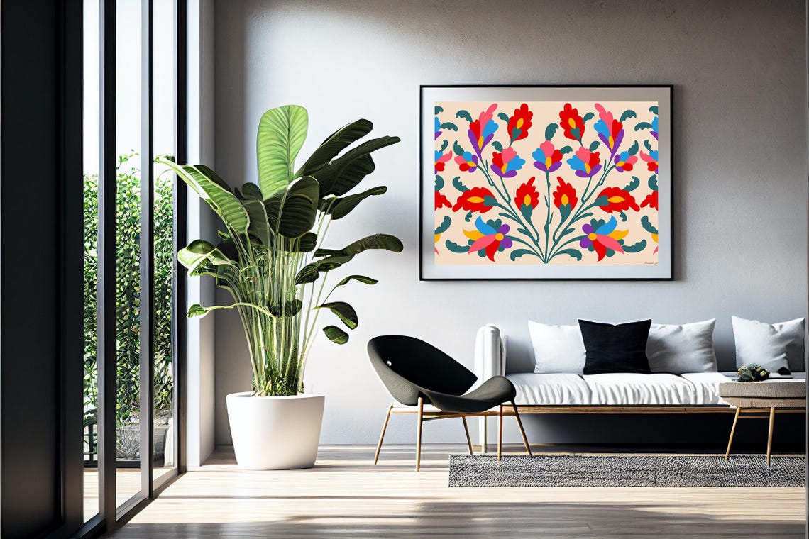 Colorful Bohemian Folk Floral Pattern Red Blue Blossom Wall Poster - Image 5