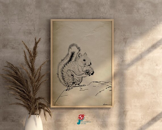 Vintage Monochrome Squirrel Holding Nut Sketch on Aged Paper Poster