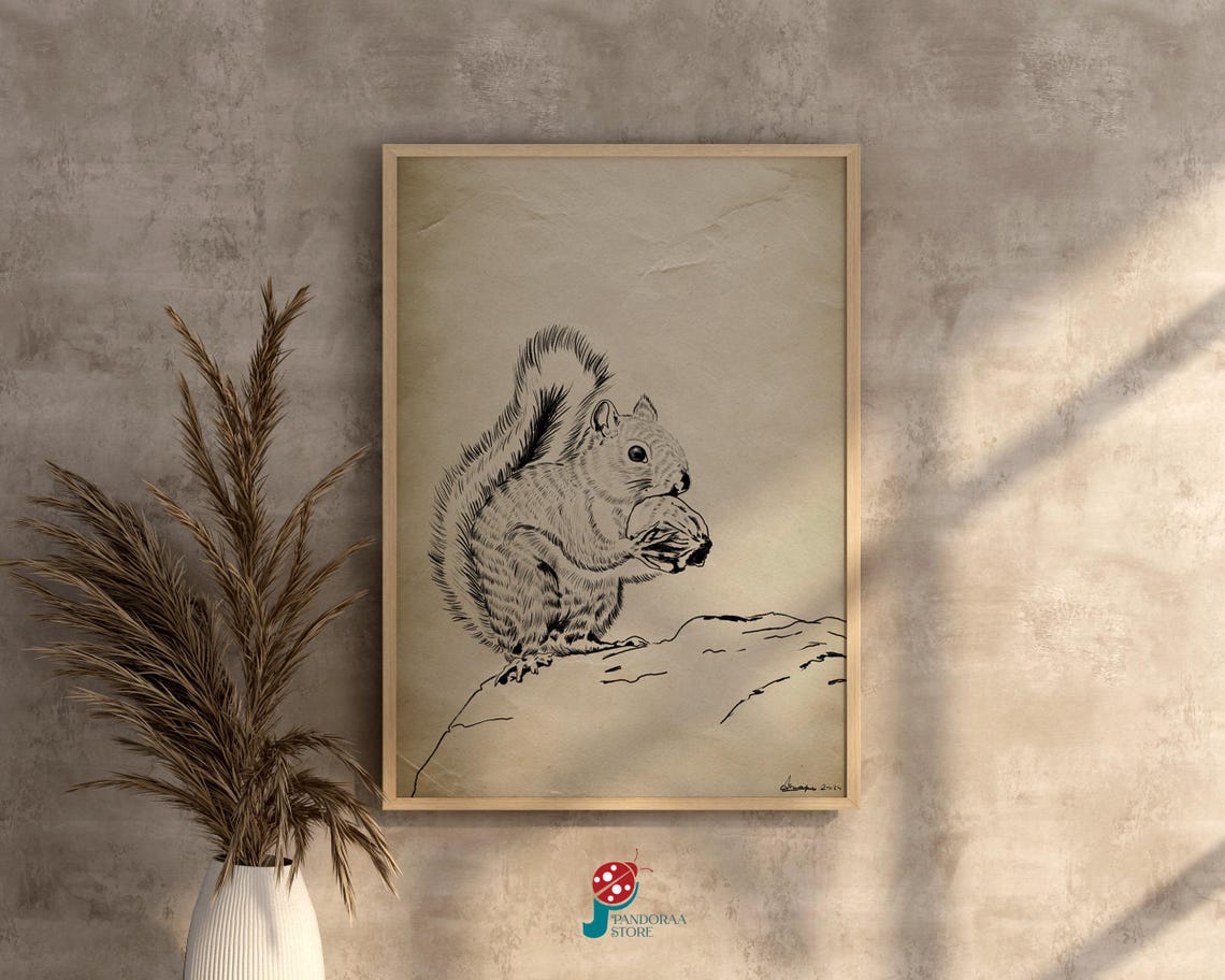 Vintage Monochrome Squirrel Holding Nut Sketch on Aged Paper Poster