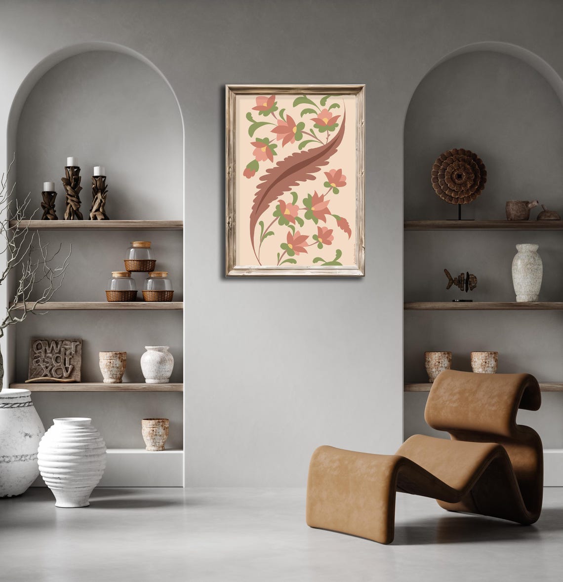 Pastel Floral Folk Art Soft Coral Peach Blossoms Beige Wall Print - Image 2