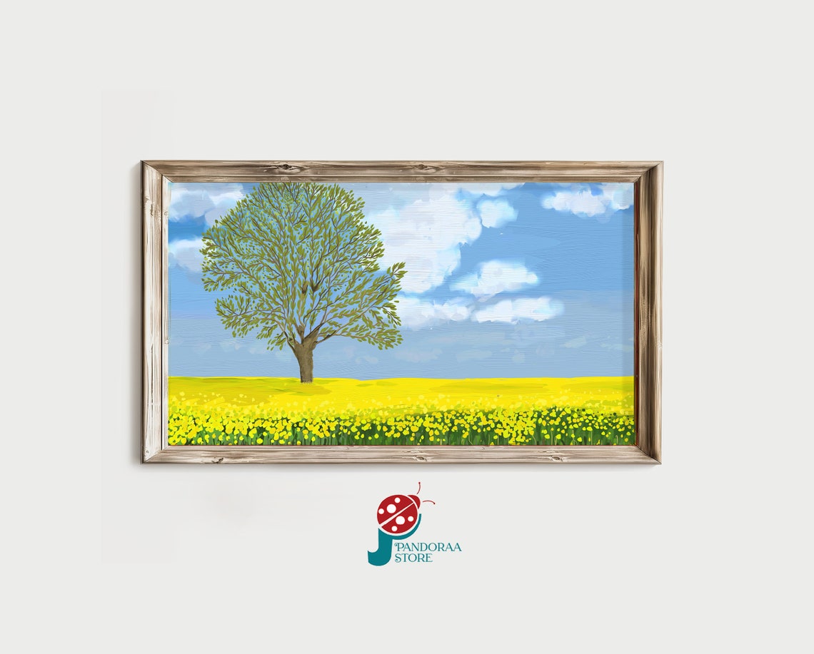 Lone Tree Yellow Bloom Field Rustic Framed Countryside Wall Art