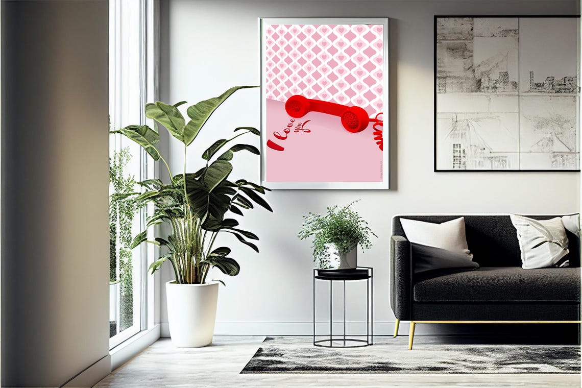 Retro Red Telephone I Love You Script on Pink Heart Pattern Poster - Image 4