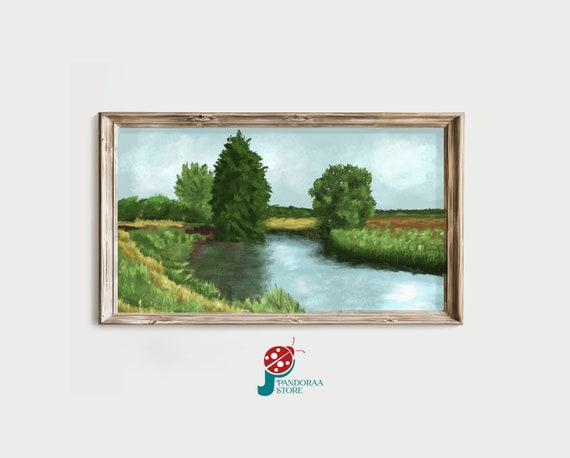 Vintage Lake And Forest Frame Tv Art Pastoral Tv Frame Art Landscape Oil Painting For Tv Farmhouse Decor