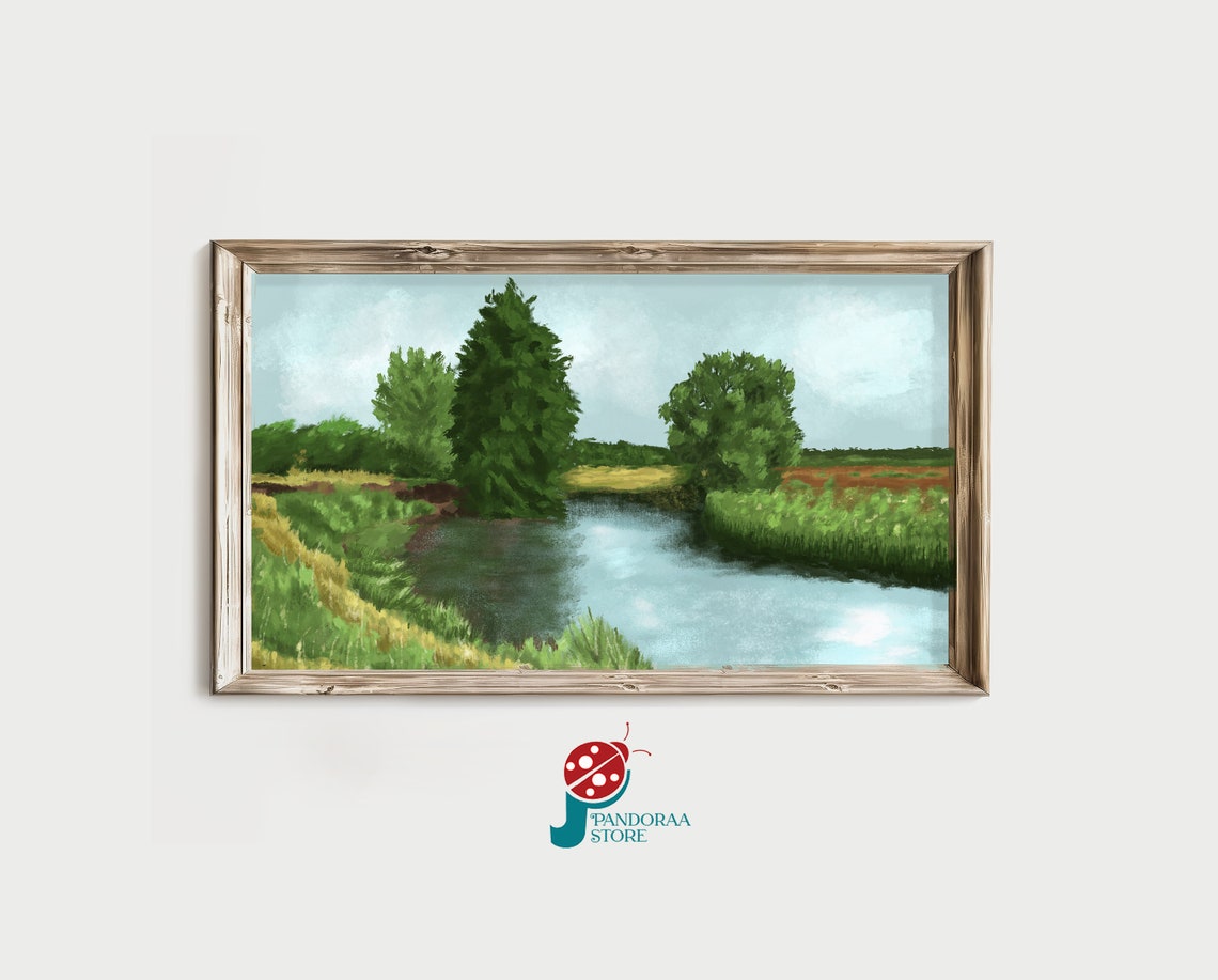 Pastoral Lake Forest Landscape River Trees Oil Painting Wall Print