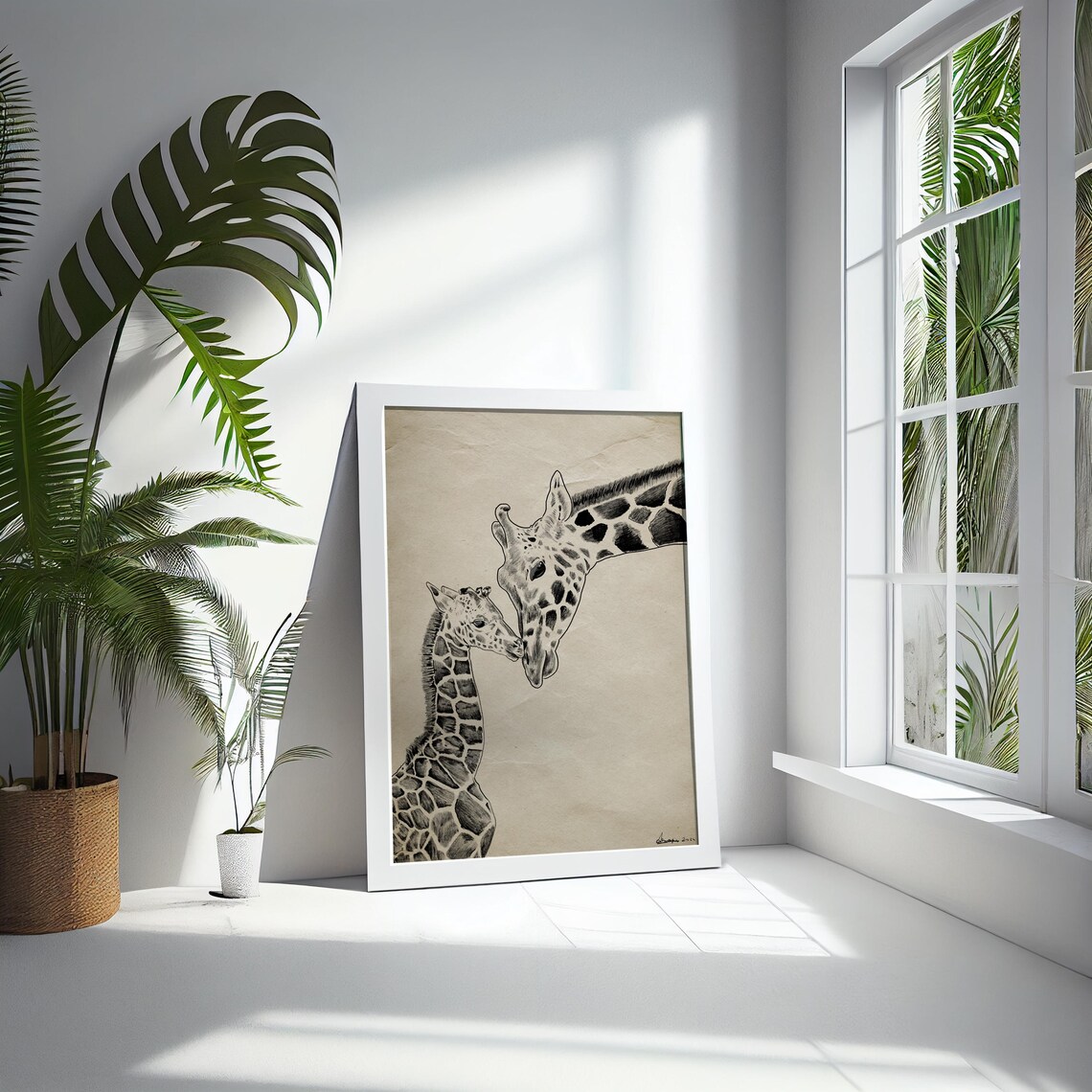 Mother Giraffe Nuzzling Baby Pencil Sketch Wildlife Nursery Print - Image 5